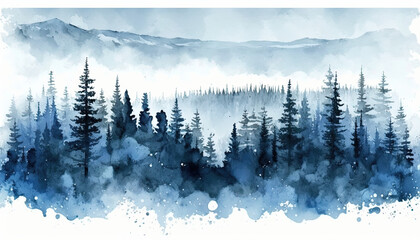 Blue landscape of foggy forest