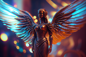 Fototapeta na wymiar Beautiful abstract illustrations Archangel with lights on a bright bokeh background. Heavenly angelic spirit with wings
