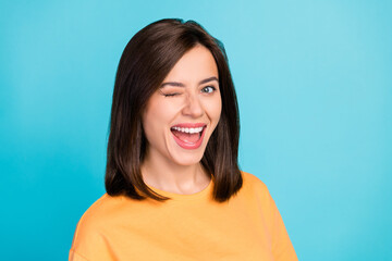 Portrait of funny satisfied pretty naughty woman with long hairstyle dressed yellow t-shirt...