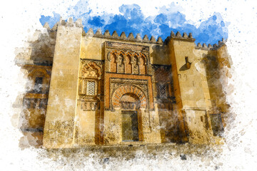 Watercolor illustration of Mezquita (Great Mosque of Cordoba). Spain. Andalusia. Close the great mosque.