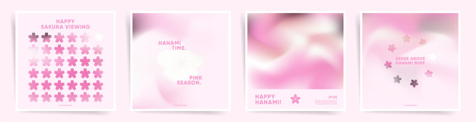 Hanami spring style square post backgrounds set. Mesh and smooth, pastel and silky cute pink gradients templates for post templates, cards or poster covers, social media stories.	