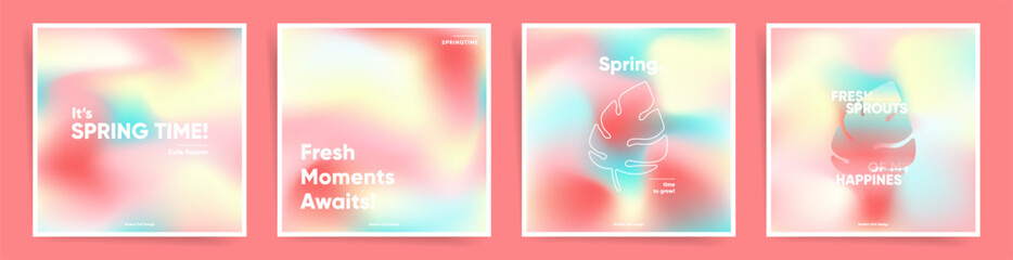 Set of spring square post backgrounds Mesh gradient neon rainbow art design. Post templates, cards or poster covers, social media posts with colorful spring gradients. Wave gradient layout set.