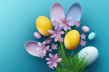 happy easter day background with spring Easter eggs in a wicker nest, green grass and rectangular greeting card on a blue background  ai generative