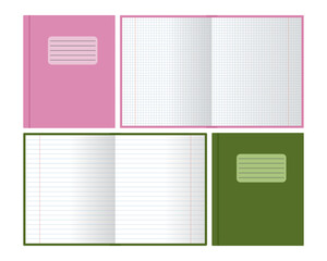 Open and closed notebook or copybook with squared and line sheets