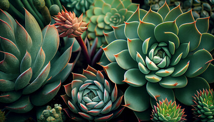 Obraz premium Various Type of Succulent Flowering House Plants Background, Created with Generative AI 