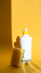 white bottle with dishwashing liquid and yellow sponge. Cleanliness in the house. washing dishes