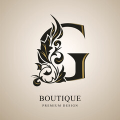 Capital Letter G. Graceful Monogram with Gold Elements. Elegant Style. Calligraphic Beautiful Logo. Vintage Emblem for Book Design, Brand Name, Business Card, Restaurant, Boutique. Vector Illustration
