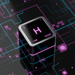 Hydrogen element symbol in periodic table, metallic cube with LCD black display screen, glossy table, futuristic background	 - obrazy, fototapety, plakaty