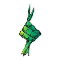 Traditional Indonesian Food For Eid Celebration. Hand Drawn Sketch Illustration Of Ketupat.  