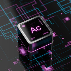 Actinium element symbol in periodic table, metallic cube with LCD black display screen, glossy table, futuristic background	