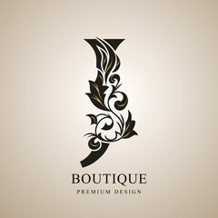 Capital Letter J. Graceful Monogram with Gold Elements. Elegant Style. Calligraphic Beautiful Logo. Vintage Emblem for Book Design, Brand Name, Business Card, Restaurant, Boutique. Vector Illustration