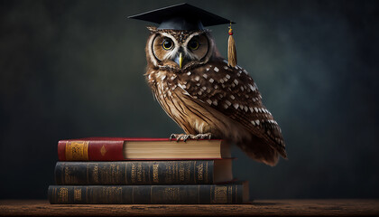 Wise owl wearing graduation cap against a stack of books on a table in a library among the shelves, Generative AI