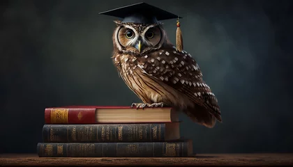 Photo sur Plexiglas Dessins animés de hibou Wise owl wearing graduation cap against a stack of books on a table in a library among the shelves, Generative AI