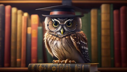 Papier Peint photo autocollant Dessins animés de hibou Wise owl wearing graduation cap and glasses against a stack of books on a table in a library among the shelves,  Generative AI