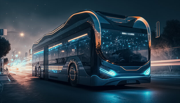 Future of urban autonomous mobility city bus. Public transport. Autonomous electric bus self driving on night street.