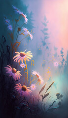 Fototapeta na wymiar Painterly wild flowers on abstract background with smokey lights and fog around, soft and elegant, Generative Ai