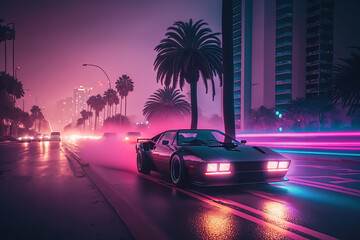 Fototapeta na wymiar Illustration of a 80s style vaporwave retro futuristic supercar in a blue and pink neon cyber digital Miami city .Generative AI 