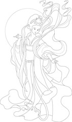 Chinese goddess in flowy vintage retro dress sketch template. Pretty cartoon girl graphic vector illustration in black and white for game. Children`s story book, fairytail, coloring paper, page, print