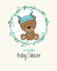 Baby boy shower card. Cute bear inside flower frame. Isolated vector