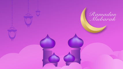 Eid Mubarak greeting Card Illustration, Ramadan kareem background illustration with arabic lanterns, mosque, moon, and clouds.