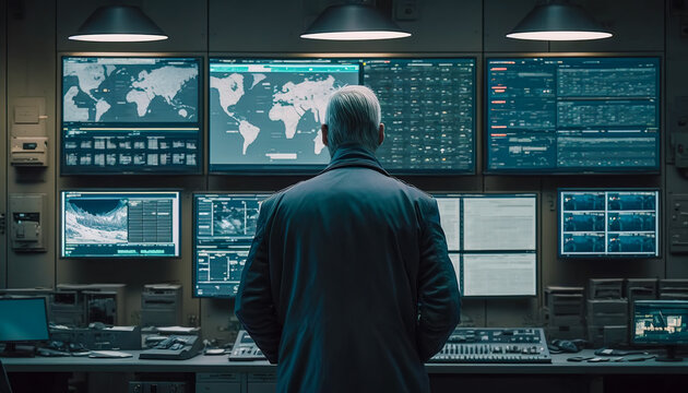 The central nerve center, a security officer monitoring the central control panel, Generative AI