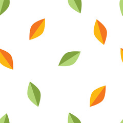 Seamless vector pattern of falling leaves, green and orange colour. Graphic leaf with two tone colour, simple and clean pattern for paper wrap, fashion, backdrop and print.