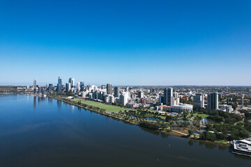 Fototapeta premium Aerial view of the city of Perth and Swan River taken from Heirisson Island on the Causeway.