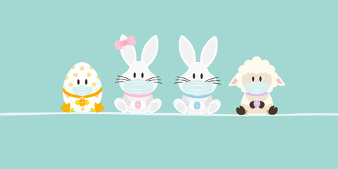 Osterei, 2 Weiße Osterhasen Mädchen/Junge & Schaf Maske Banner Türkis