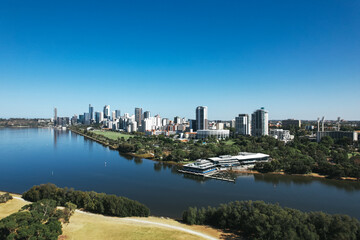 Aerial view of the city of Perth and Swan River taken from Heirisson Island on the Causeway.