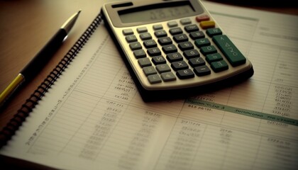 Calculator digitron next to pen and paper with tables