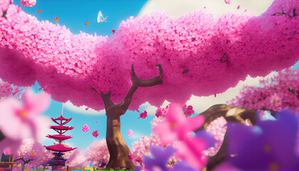 The beautiful tree cherry blossom illustration. Generative AI.