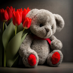 Children's soft toy plush gray bear and a bouquet of red tulips. Generative AI, generative artificial intelligence
