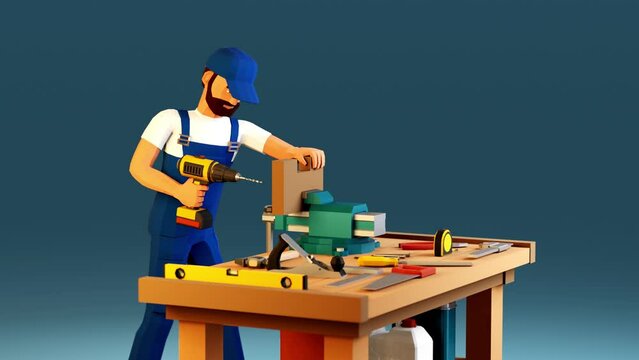 3d handyman drilling a board clamped in vise with a electric drill. Carpenter at work. Looped animation