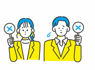 バツの札を持つ 男女 イメージ素材