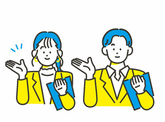 書類を持ってアテンションポーズをする男女