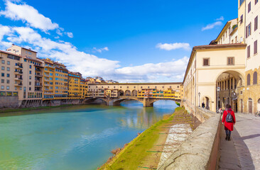 Firenze (Italy) - A view of artistic historical center of Florence, the capital of Renaissance culture and Tuscany region, with Ponte Vecchio and landscape from Piazzale Michelangelo square