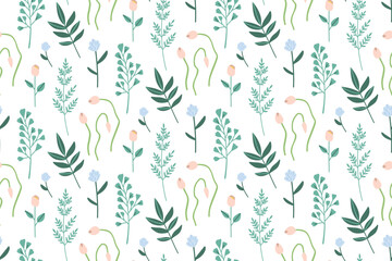 Spring gentle floral pattern with plant sprigs and flower buds on a white background