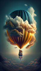 The green and yellow air balloon fly illustration with cloud. Generative AI.