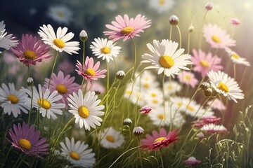 Obraz premium Meadow with lots of white and pink spring daisy flowers in sunny day. Generative AI