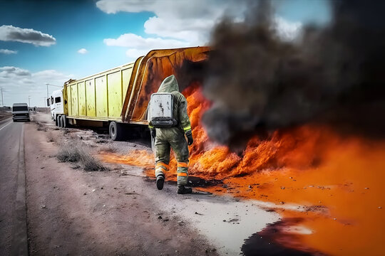 Firefighters extinguish Tank trucks with nitric acid break and burn. Car freight with oil and hazardous crashed on highway. Generation AI