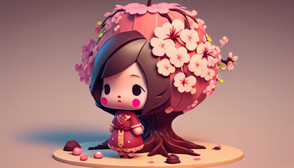 Fototapeta premium The illustration character tiny girl with cherry blossom. Generative AI.