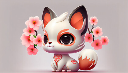 Fototapeta premium The illustration character white kitsune with cherry blossom. Generative AI.