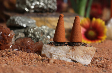 Aragonite Crystal With Incense Cones on Australian Red Sand