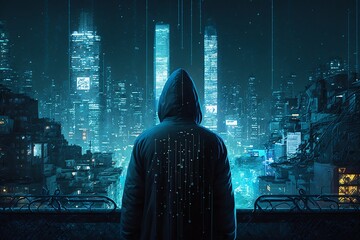 Hacker with a hoddie in the city. IA generative