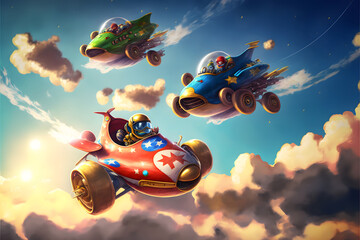 futuristic and realistic Mario kart cars flying - obrazy, fototapety, plakaty