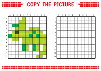 Copy the picture, complete the grid image. Educational worksheets drawing with squares. Preschool coloring activities, children's games. Pixel cartoon, vector illustration. Dinosaur, Triceratops.