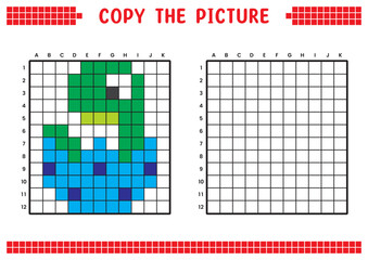 Copy the picture, complete the grid image. Educational worksheets drawing with squares. Preschool coloring activities, children's games. Pixel cartoon, vector illustration. Baby dinosaur and blue egg.