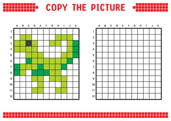Copy the picture, complete the grid image. Educational worksheets drawing with squares. Preschool coloring activities, children's games. Pixel cartoon, vector illustration. Dinosaur, Velociraptor.