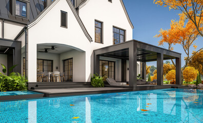 3d rendering of cute cozy white and black modern Tudor style house with parking  and pool for sale or rent with beautiful landscaping. Fairy roofs. Clear sunny autumn day with golden leaves anywhere