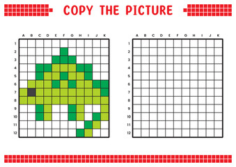Fototapeta premium Copy the picture, complete the grid image. Educational worksheets drawing with squares. Preschool coloring activities, children's games. Pixel cartoon, vector illustration. Dinosaur, Stegosaurus.